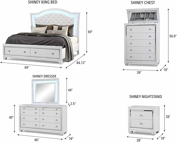 First of a Kind Shiney Contemporary 5 Piece King Bedroom Set High Gloss White - Image 9