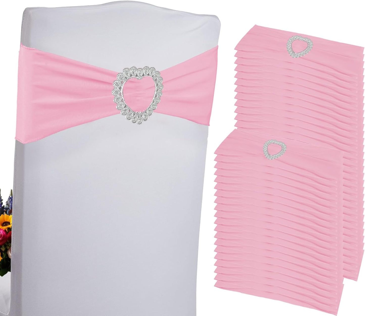 100PCS Spandex Stretch Chair Sashes Bows Universal Elastic Chair Cover Bands Ties with Buckle Slider for Wedding Party Birthday Reception Events Banquet Decoration(Pink)