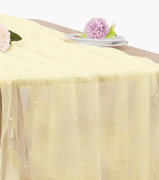 Pearl Table Runner 29 x 120 Inch Tulle Fabric Lace Table Runners Boho Rustic Tablecloth for Bridal Shower Birthday Party Wedding Arch Aisle Veil Dessert Table Decor(1 Pack, Ivory)