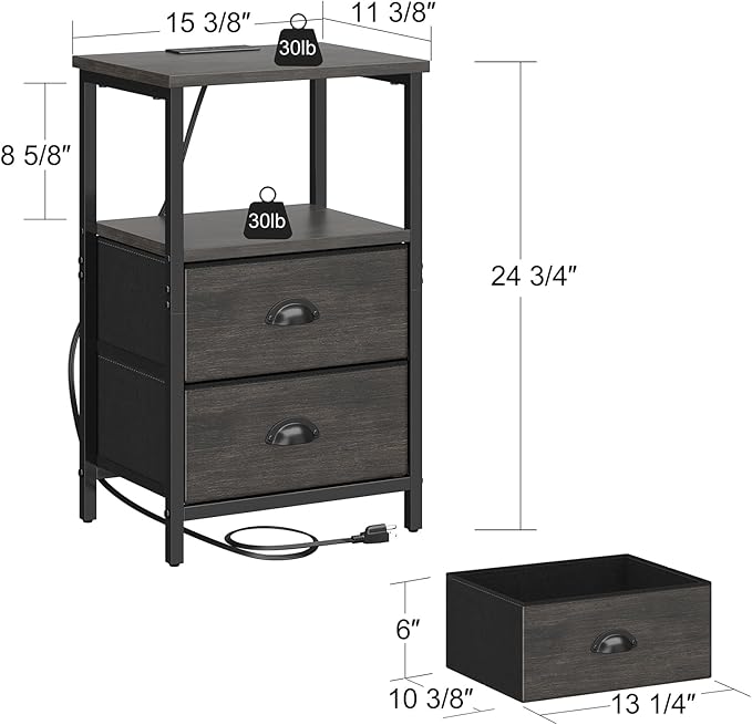 sthmec Nightstand with Charging Station, LED Night Stand with 2 Fabric Drawers - Image 3
