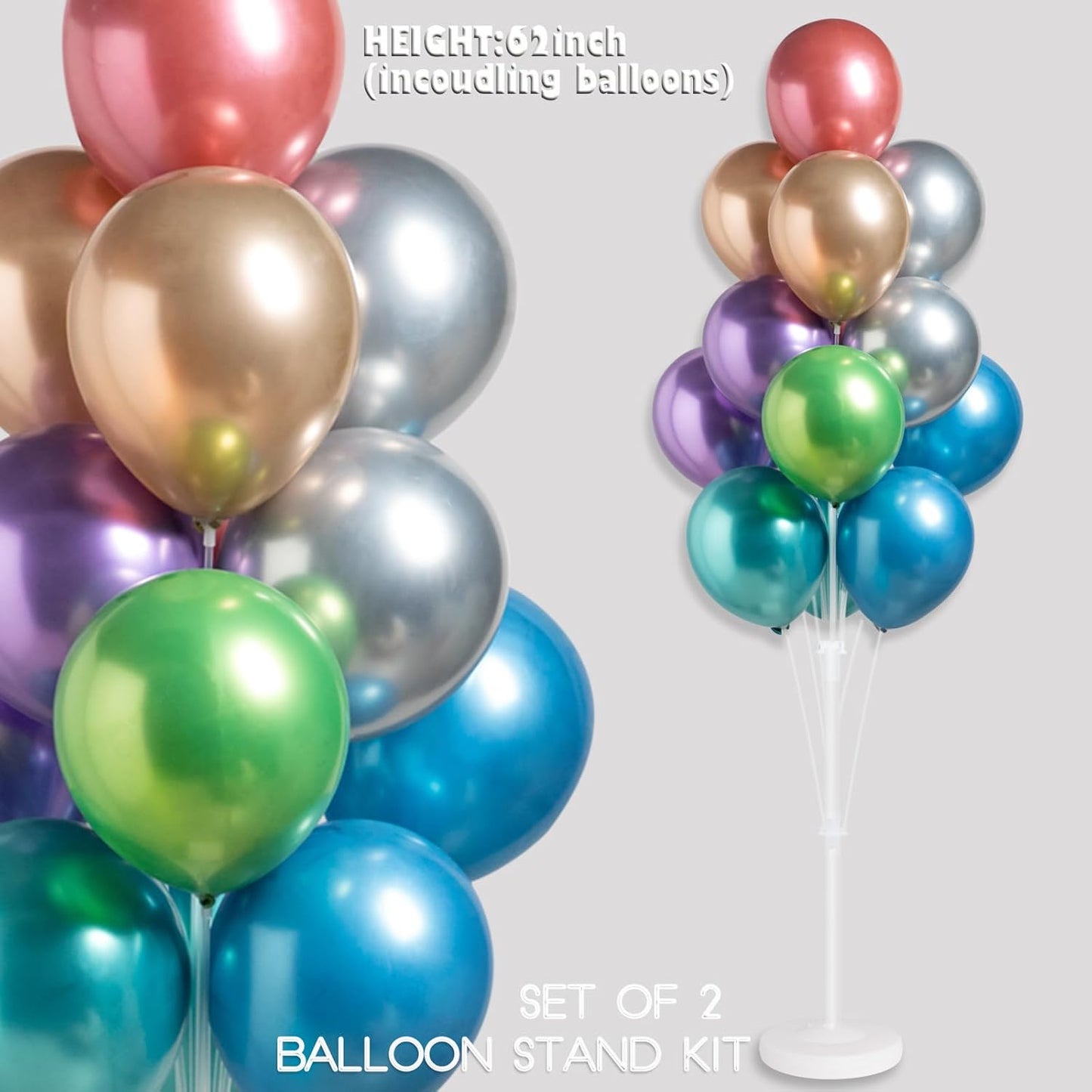 Balloon Column Kit for Floor- Set of 2 Colorful Chrome Metallic Balloon Columns with Stand, Base&Pole,Helium Balloon Tower Backdrop Decoration for Christmas Wedding, Baby Shower, Birthday Party