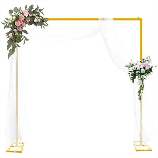 8FT Wedding Arch Backdrop Stand, Gold Square Back Drop Adjustable Stand Metal Arch Heavy Duty Backdrop Stand Kit Frame for Party Wedding Birthday Photobooth Decorations