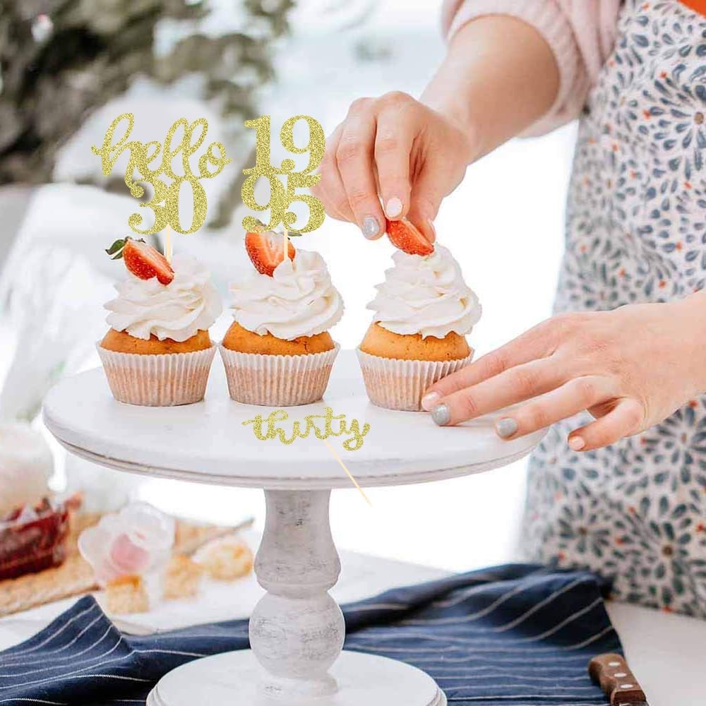 24 Pcs Gold Glitter 30th Birthday Cupcake Toppers for 30th Anniversary Birthday Party Wedding Party Decorations