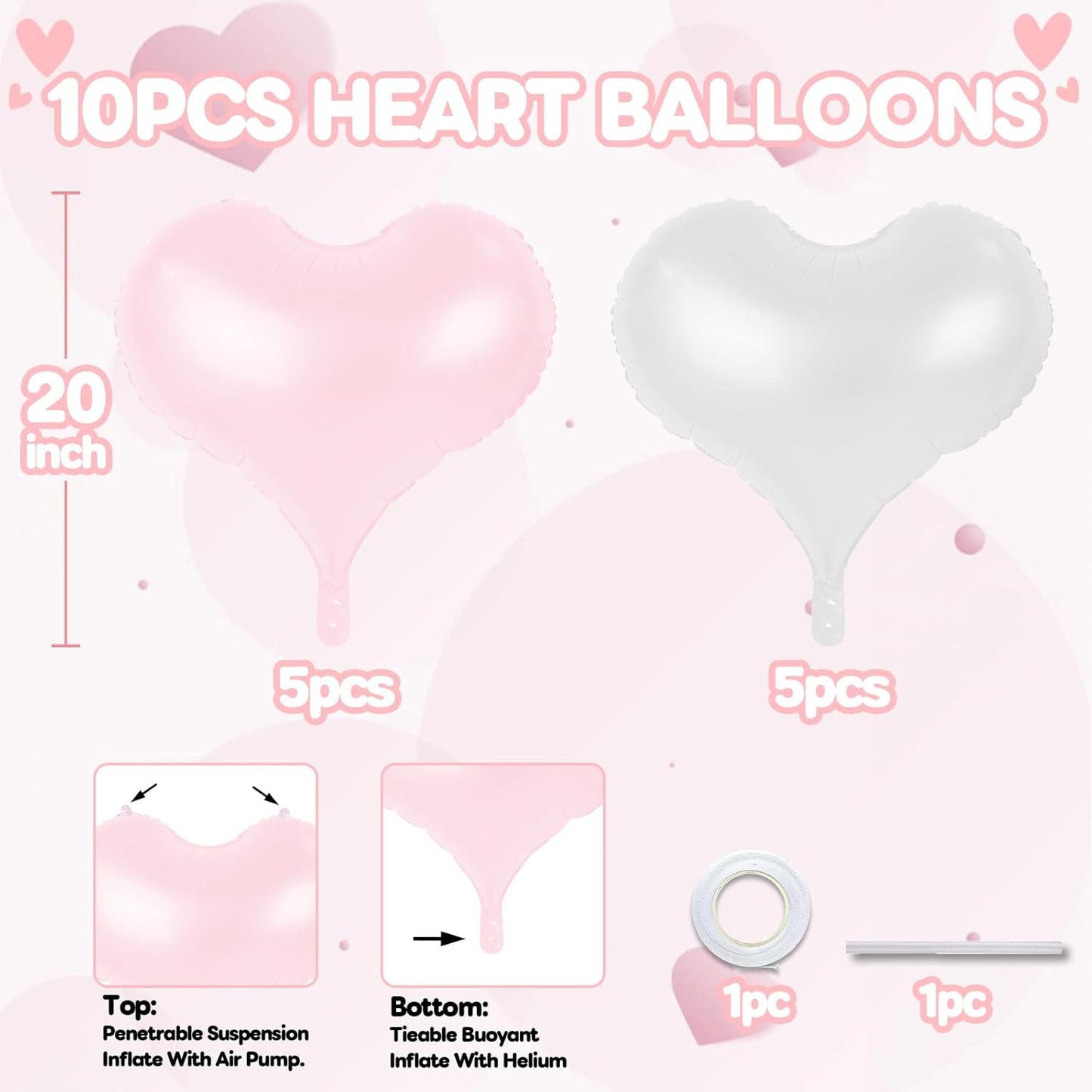 20 Inch Pink White Heart Balloons, 10 Pcs Baby Pink White Heart Shaped Foil Balloons, Pastel Helium Balloon for Girls Women Valentine Bridal Shower Anniversary Wedding Birthday Party Decorations