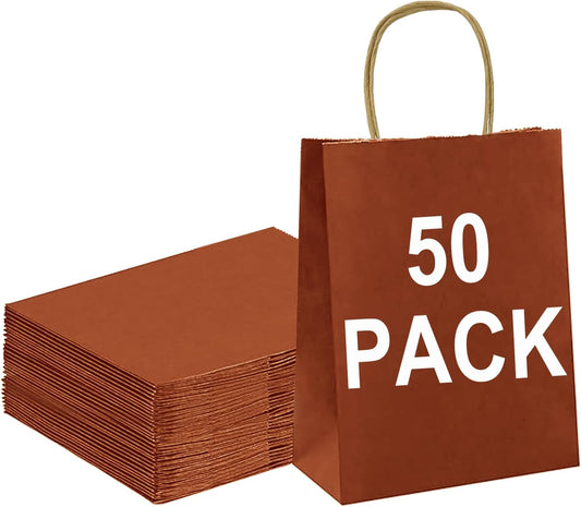 BAG BOX 50 Pack Small 5.9x3.1x8.25 Inch Orange Kraft Paper Gift Bags with Handles for Bulk Shopping, Retail, Craft, Party Favors, Wedding, Grocery & Sacks