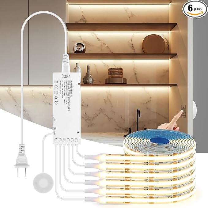 AIMENGTE 12V COB LED Cabinet Lights Strip, 6 x 3.3ft Touch Dimmable 3000K by AIMENGTE