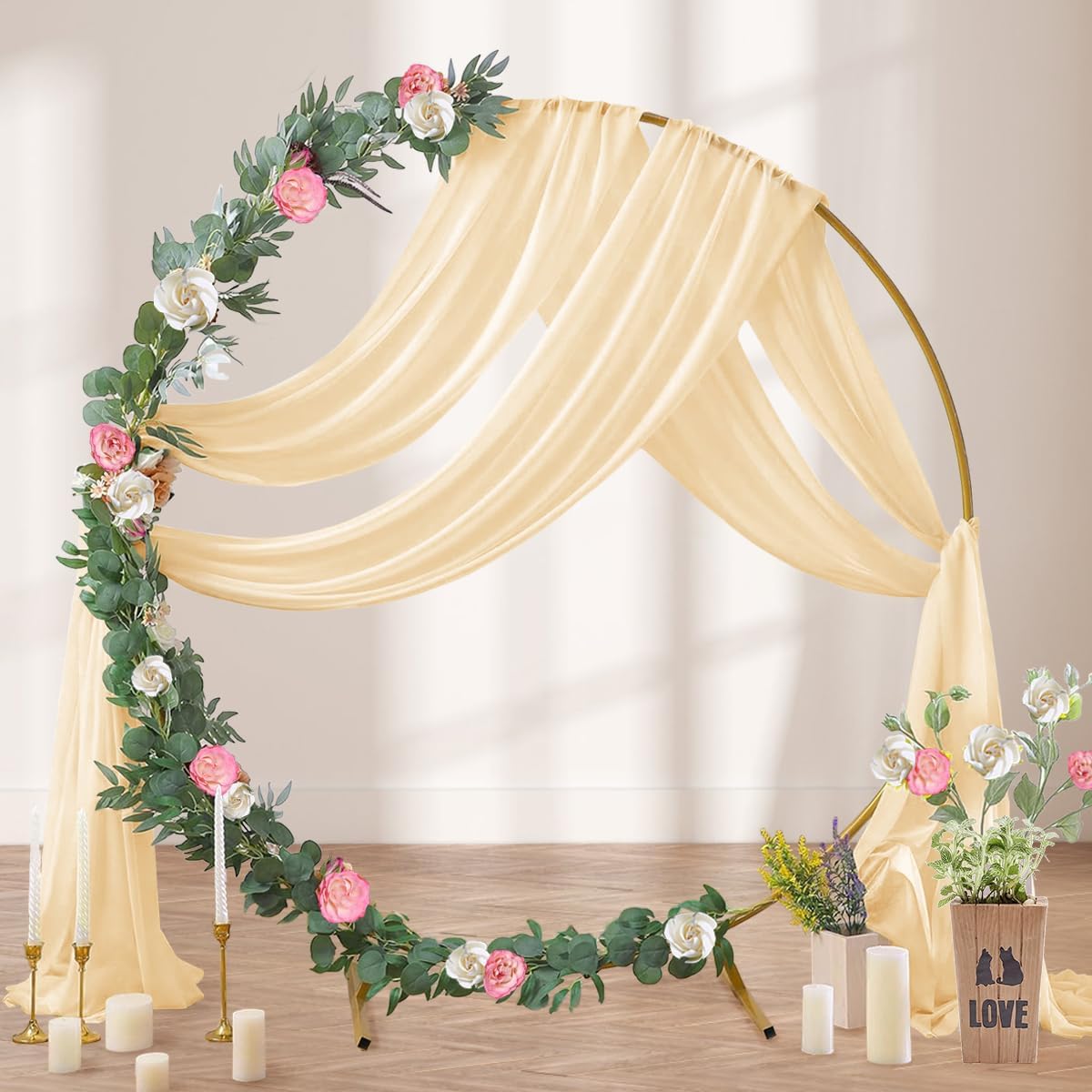 Champagne Gold Wedding Arch Draping Fabric 2 Panels 29" x 20 FT Wedding Drapes for Backdrop Sheer Curtains Drapes for Romantic Bridal Baby Shower Ceremony Birthday Party Fall Outdoor Events