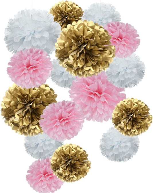 MOWO Paper Flower Tissue Pom Poms Baby Shower Party Supplies (Gold,Pink,White,18pc)
