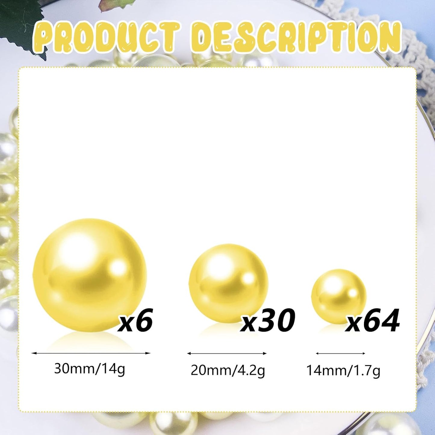 100PCS Yellow Faux Pearls Beads for Centerpiece Vases, Vase Filler Faux Pearls, No Holes Filler Beads for Party Anniversary Birthday Wedding Table Decor, 14/20/30mm