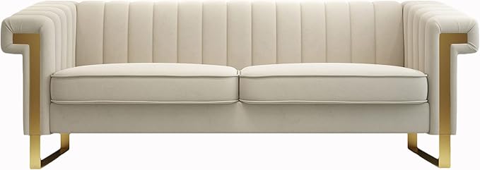Mid-Century Modern Beige Velvet Sofa - Image 6