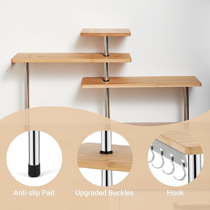 3-Tier Corner Shelf, Bamboo & Metal Storage Rack - Image 6