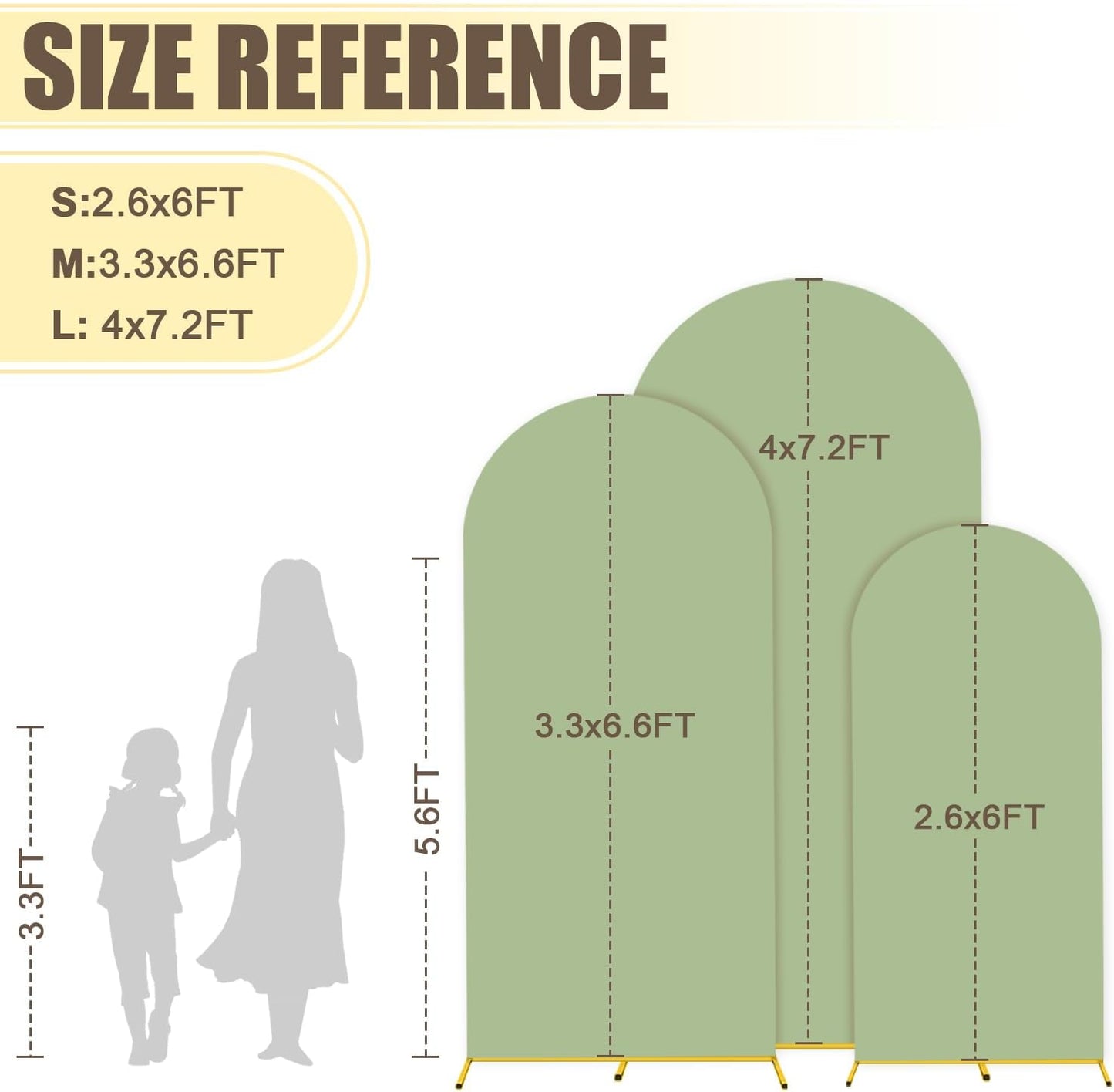 MODFUNS Metal Arch Backdrop Stand and Cover Set 6&6.6&7.2ft Sage Green Arch Backdrop Covers Gold Wedding Arch Stand Set of 3 Spandex Arched Covers for Party Birthday Banquet Wedding Decoration