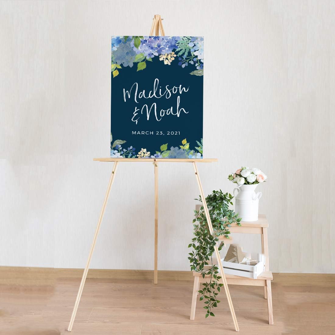 Andaz Press Personalized Extra Large Wedding Easel Board Party Sign, 12x18-inch, Baby Blue Hydrangea Floral Flowers on Navy Blue, Bride Groom Names and Date, 1-Pack, Custom