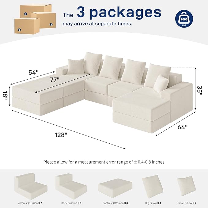 Living&Giving 128" U-Shaped Cloud Sectional Couch - Image 2