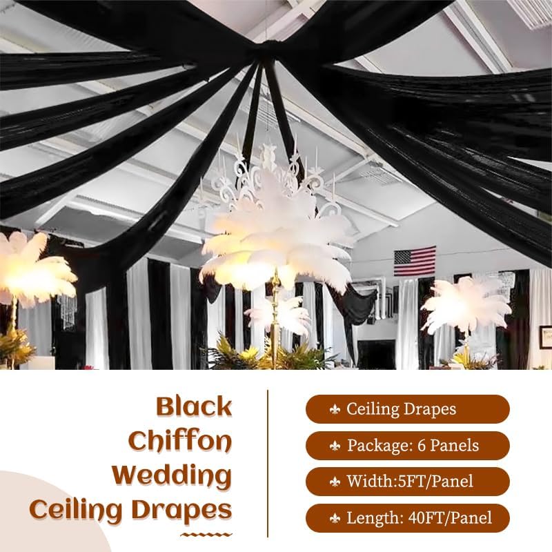 6 Panels Black Wedding Ceiling Drapes 5ftx40ft Ceiling Drapes Chiffon Fabric Arch Draping Sheer Curtains Soft Drapery Draping Wedding Ceiling Decorations for Party Ceremony Stage Swag