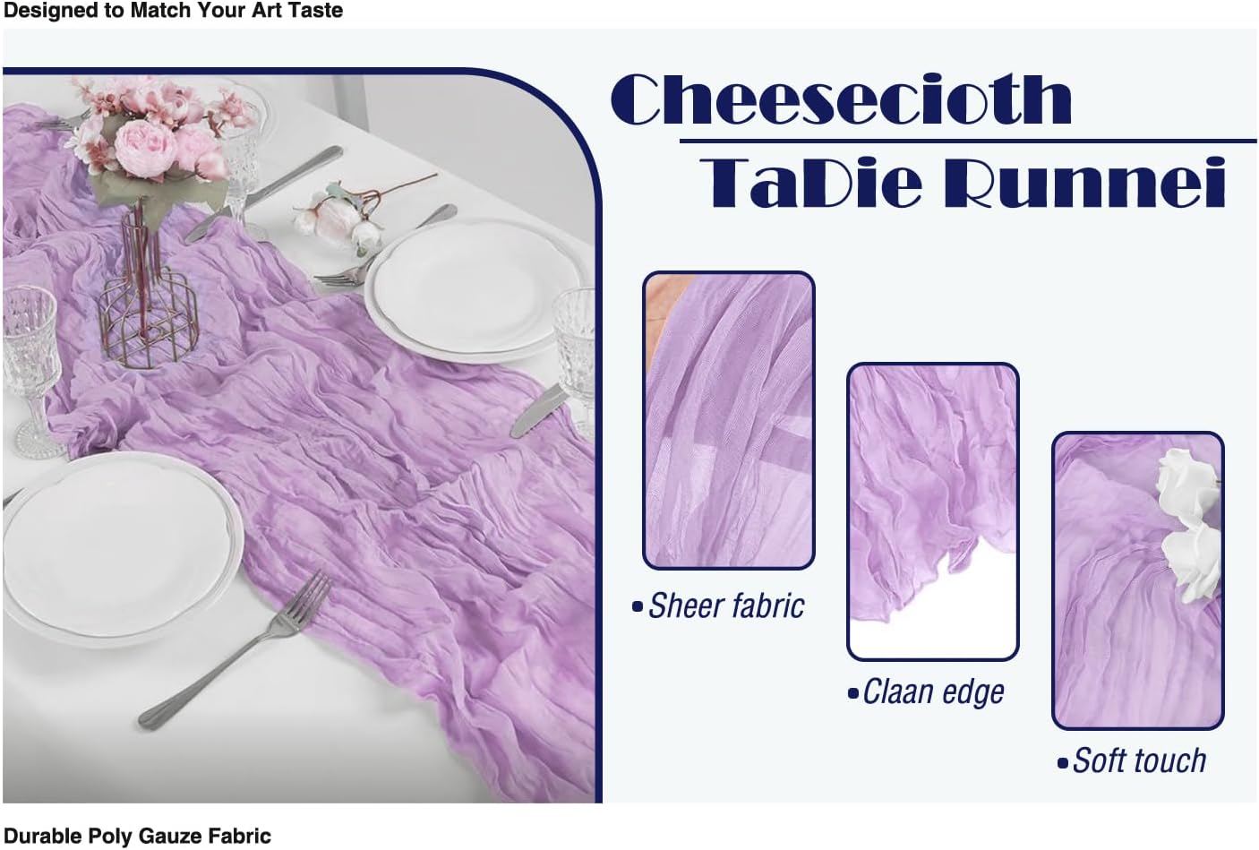 6 Pack Lavender Cheesecloth Table Runner 21x120 Inch Boho Wrinkled Sheer Romantic Gauze Decor for Wedding, Bridal Shower, Birthday Party