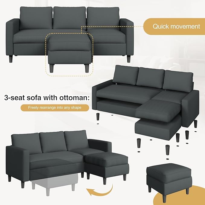 JAMFLY Couches for Living Room, 3-Seat Reversible Sectional Sofa - Image 5