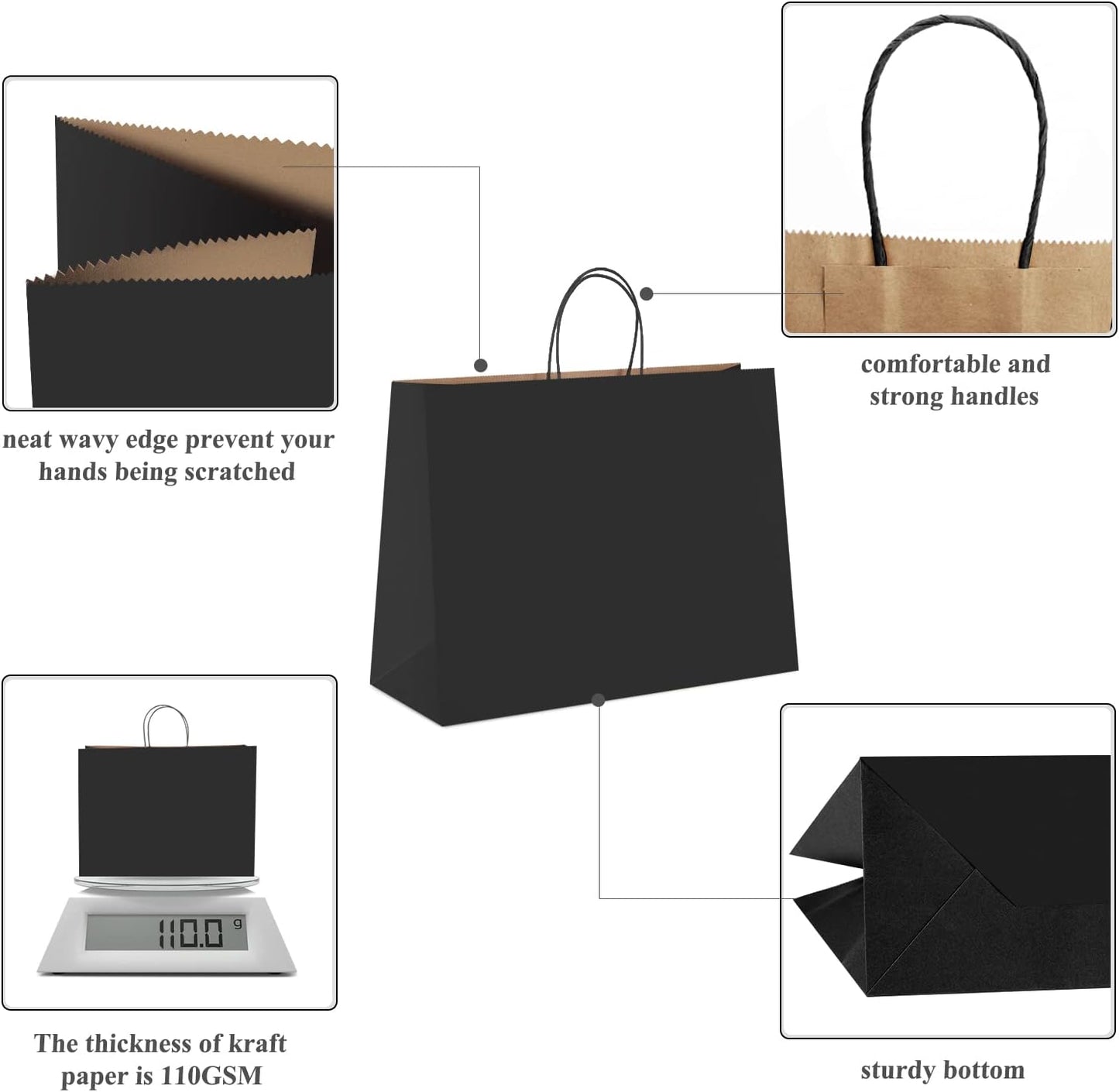 GSSUSA Large Paper Bags with Handles16x6x12 25 Pack, Gift Bag for Small Business, Paper Shopping Bag, Grocery, Food Service Take Out, Large Kraft Paper Bags, Bulk, Black