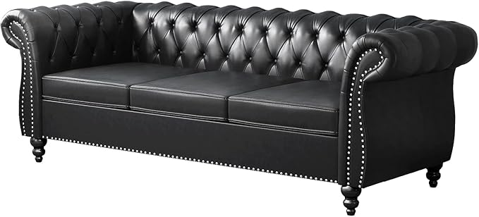 Mid-Century 3 Seater Sofa, Faux Leather Couch - Image 6