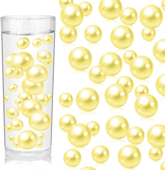 100PCS Light Yellow Faux Pearls Beads for Centerpiece Vases, Vase Filler Faux Pearls, No Holes Filler Beads for Easter Party Anniversary Birthday Wedding Table Decor, 14/20/30mm