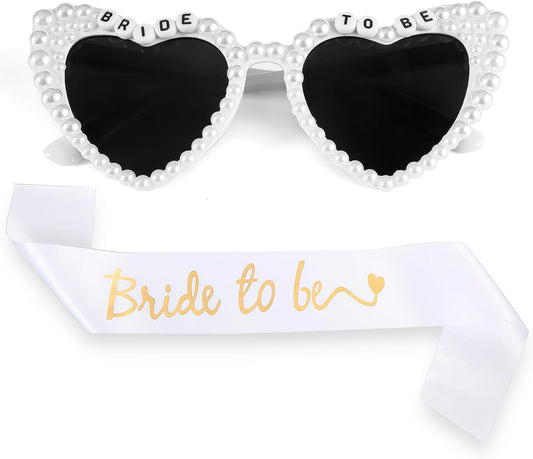 2 Pcs White Bride To Be Sash And Sunglasses Set,Pearls White Heart Bride Sunglasses And Sash Wedding Accessories,Brides Sunglasse For Bachelorette Party Gift,For Wedding,Bachelorette Party Accessories