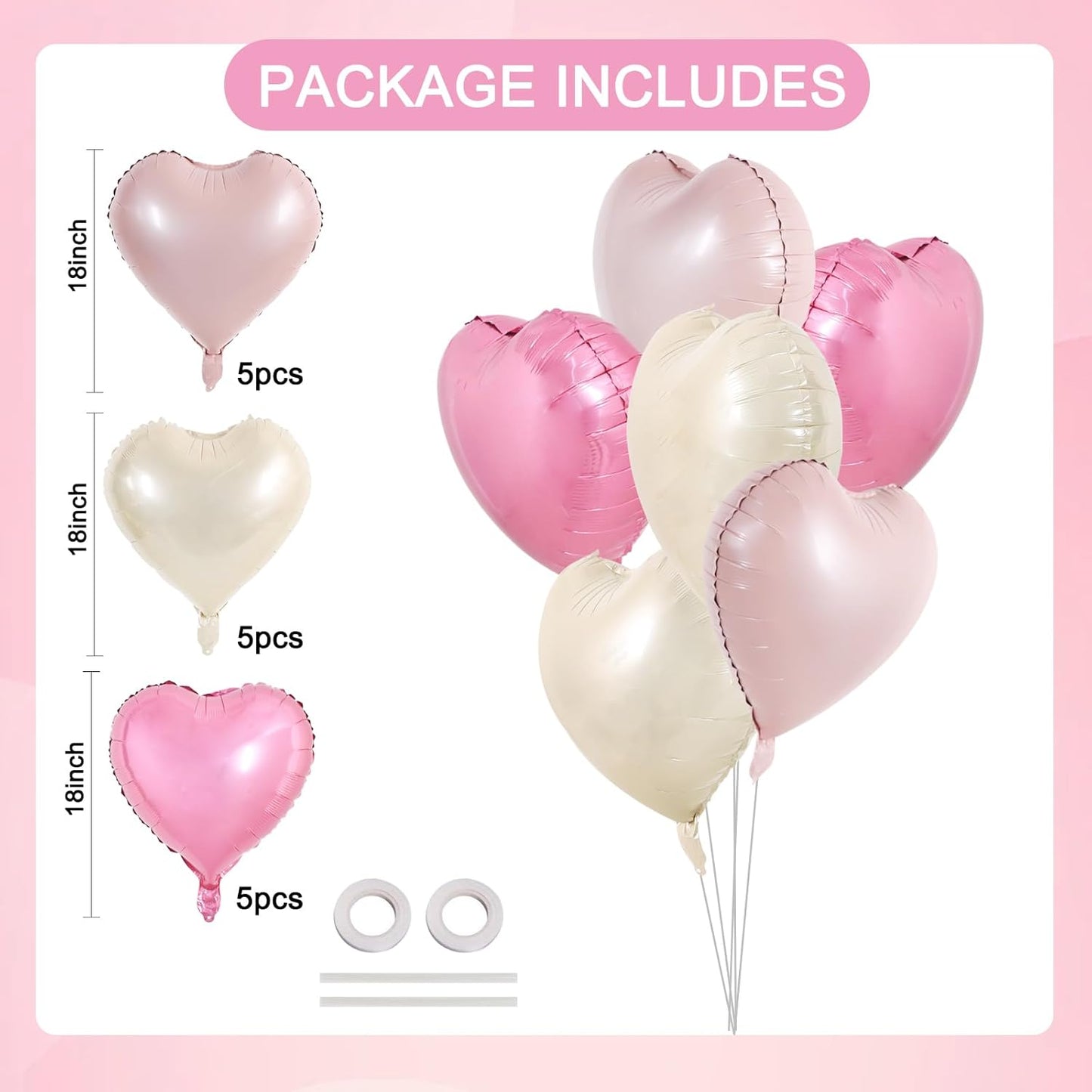 TONIFUL 15Pcs 18 Inch Heart Balloons Pastel Pink Cream White Pink Heart Shape Foil Mylar Balloons Decoration for Baby Shower Wedding Bridal Shower Anniversary Engagement Birthday Party Supplies