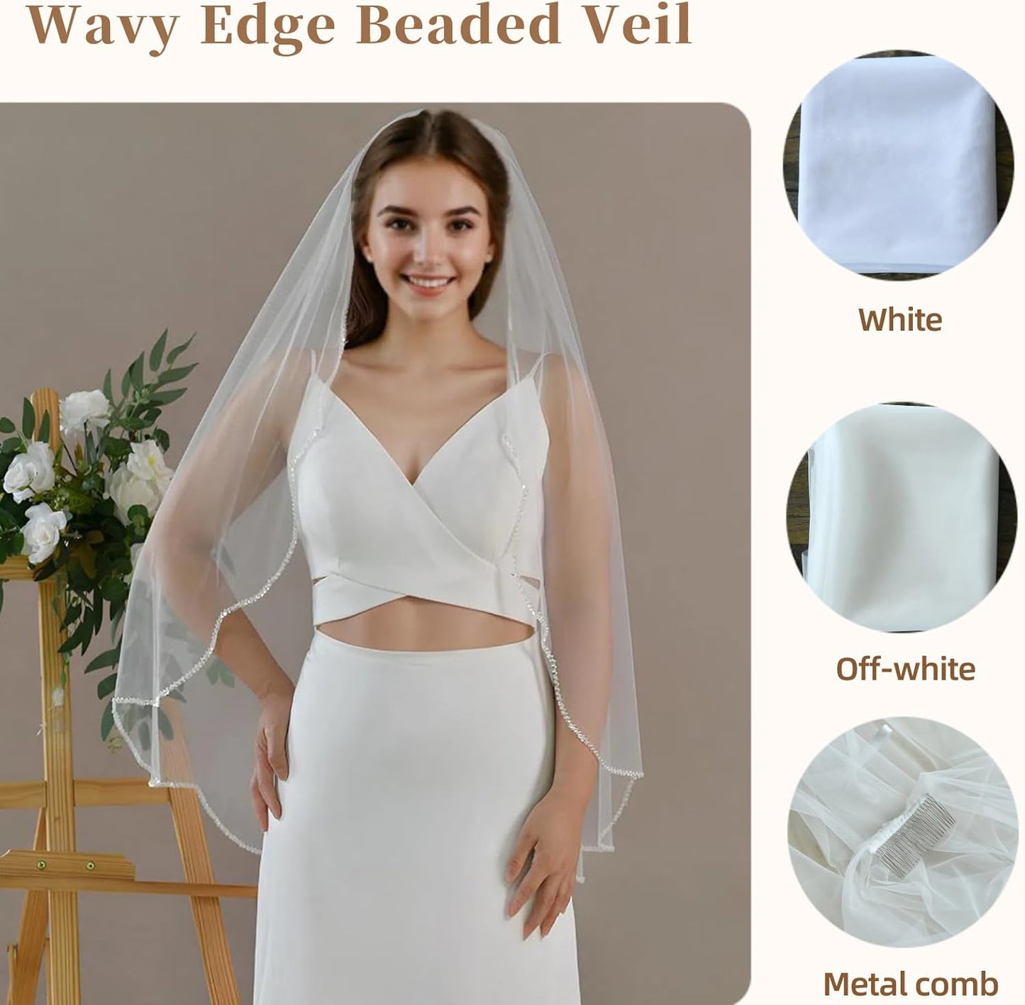 Bridal Veils Pearls and Crystals Beaded Edge Fingertip Length Wedding Veil for Women