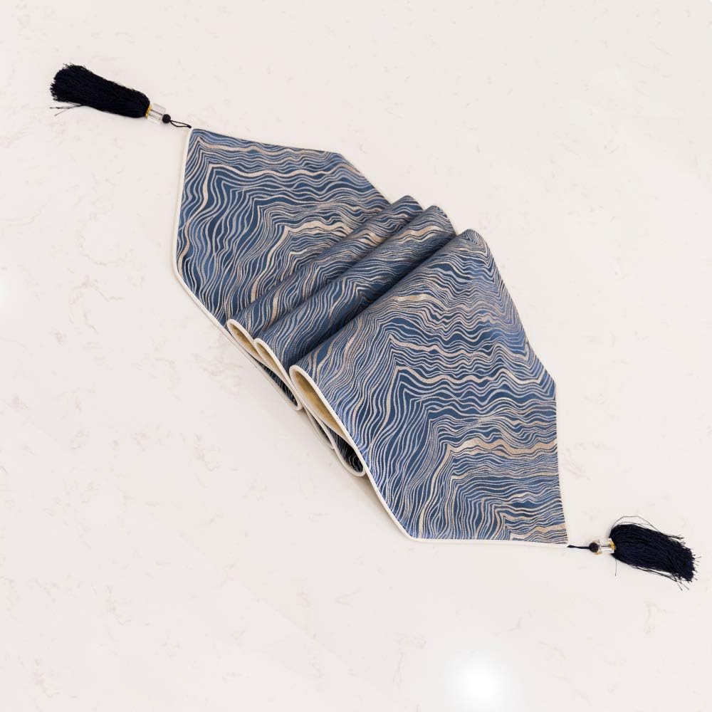 Avigers 12 x 108 Inch Decorative Luxury Abstract Striped Navy Blue Table Runners with Tassels for Home Living Room Bedroom Art Decor Wedding