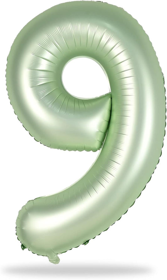 40'' Sage Green Number 9 Balloon, Self Inflating Foil Number Balloons Set 0-9, Olive Green Digital 9 Helium Balloon for Girls Boys 9th Jungle Safari Birthday Party Decorations Anniversary Supplies