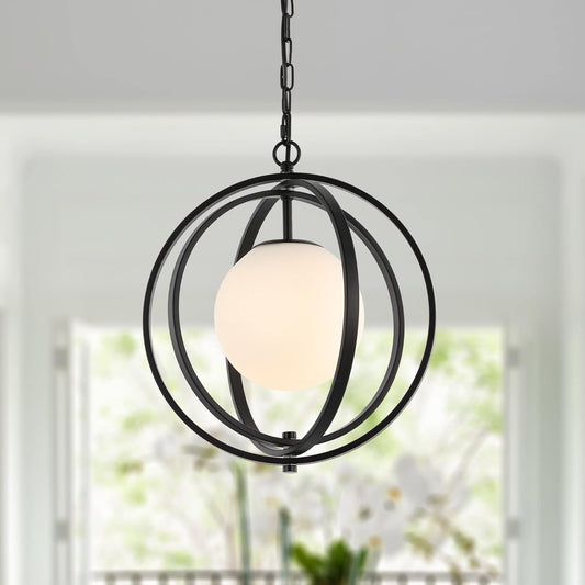 Black Orb Chandelier 1 Light Globe Pendant Light Fixtures White Globe Glass Shade Hanging Ceiling Light for Dining & Living Room, Bedroom, Foyer and Kitchen Island