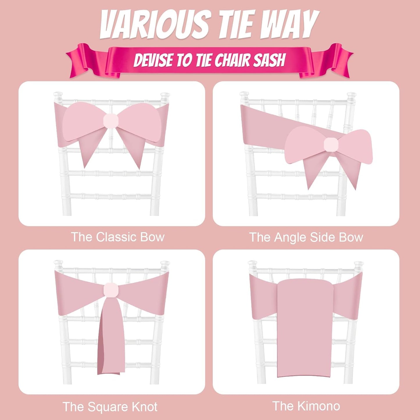 50 PCS Blush Pink Satin Chair Sashes Bows Universal Chair Ribbon Ties Back Sash for Wedding Party Reception Events Banquets Hotel Event Chair Cover Decoration (7x108 inch)