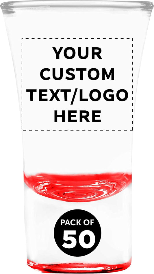 Custom 2 oz. Lord Shooter Etched Shot Glasses, 50 pack, Personalized Text, Logo, 21st Birthday Party, Lounge Glassware, Red