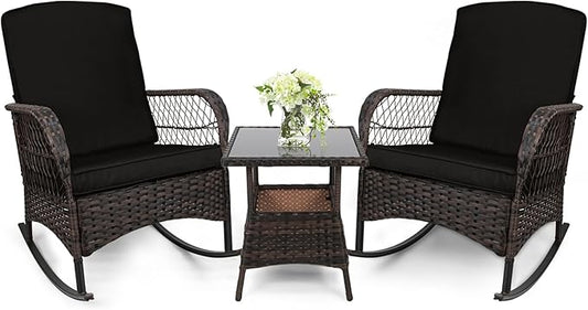 LEVELEVE 3 pcs Rocking Bistro Set Conversation Chairs PE Wicker Outdoor Rocking by Enjoyyourlife