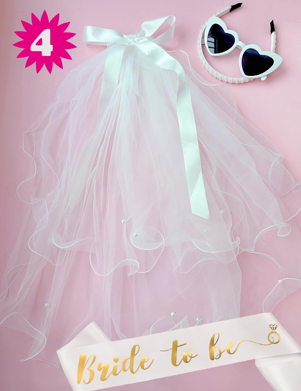 Bridal Veil with Headband Sash Glasses 4 PCS Bachelorette Party Decorations Bridal Shower Supplies Bridesmaid Favors