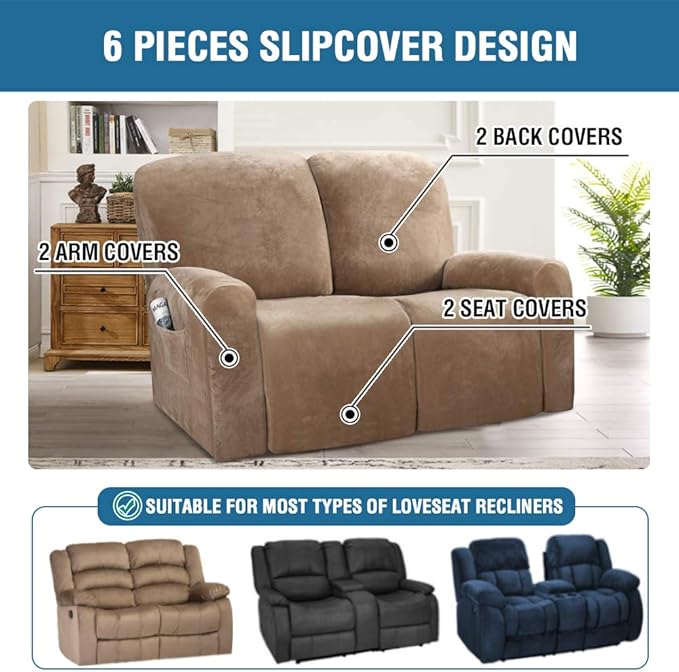 H.VERSAILTEX Velvet Stretch Recliner Couch Covers 6-Pieces Recliner Loveseat - Image 2
