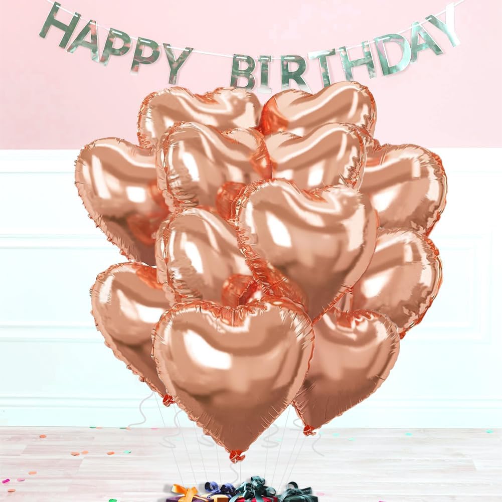 Rose Gold Heart Balloons，18 Inch Foil Mylar Love Heart Shaped Balloons for Anniversary Wedding Engagement Celebration Birthday Party Baby Shower Valentines Decorations(12Pcs)