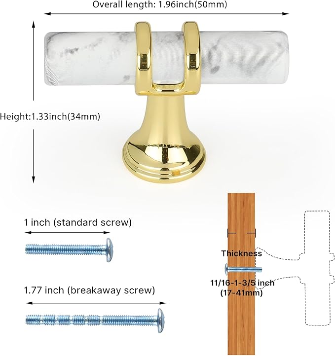 Rergy Cabinet Handles Marble Drawer Pulls and Knobs, T-Bar Hardware - Image 2