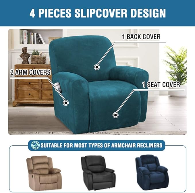 H.VERSAILTEX Velvet Stretch Recliner Couch Covers 4-Pieces Style Recliner Chair - Image 2