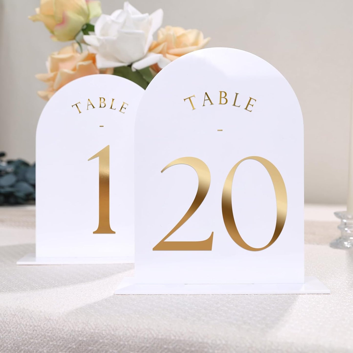 UNIQOOO White Arch Wedding Table Numbers with Stands 1-20, Gold Foil Printed 5x7 Double sided Acrylic Signs and Holders, Perfect for Centerpiece, Reception, Decoration, Party, Anniversary, Event