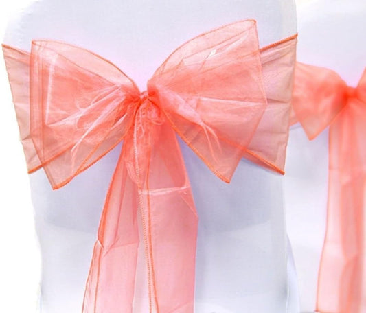 Organza Chair Bow Sash Décor Bows Sashes for Wedding Reception Events Banquets Decoration - (Pack of 25, Coral)