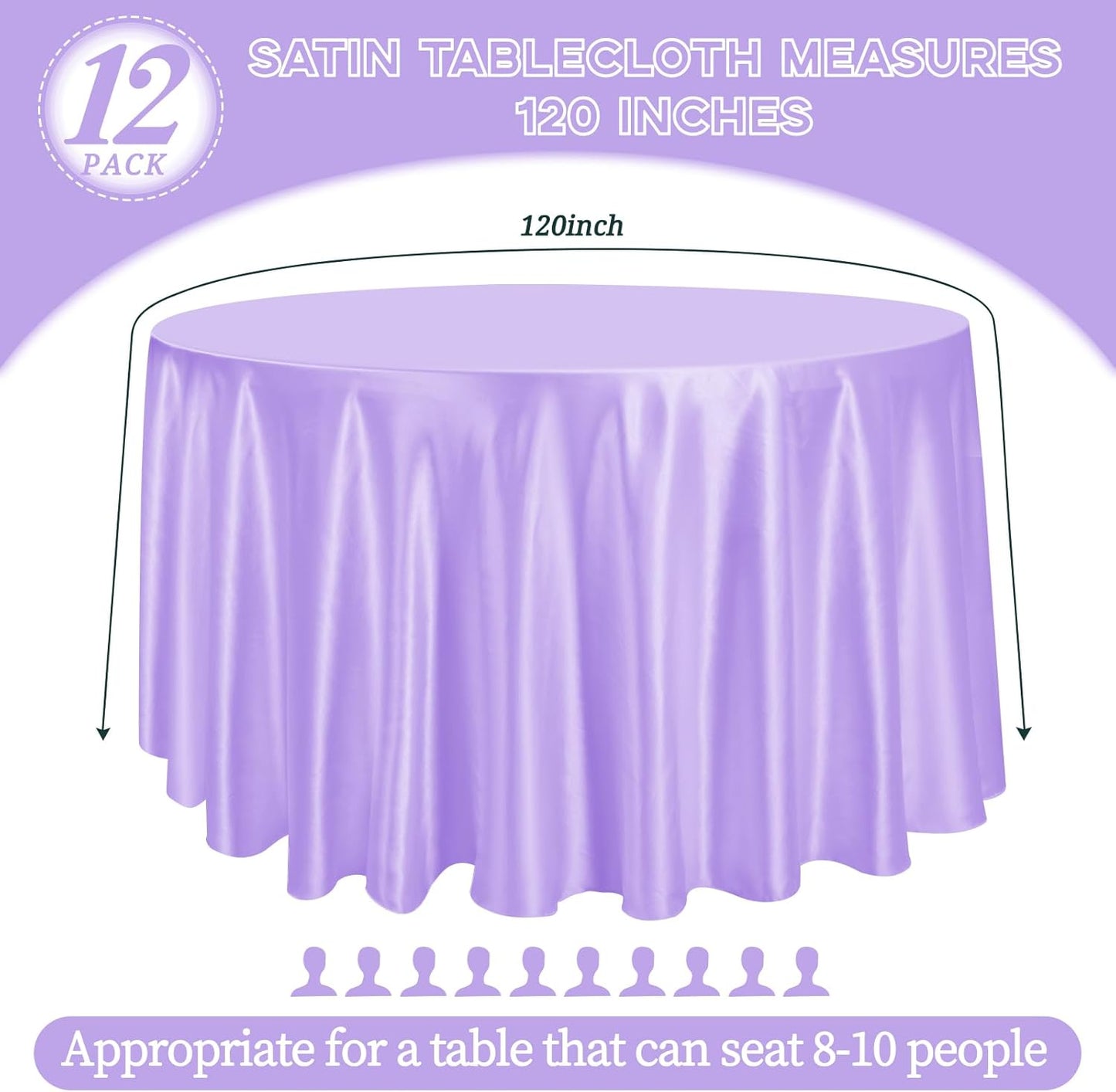 fani 12 Pack 120 Inch Lavender Satin Tablecloth - Silky Round Tablecloth Overlay Smooth Fabric Table Cover, Bright Table Decoration for Wedding Party Banquet Events Restaurant Kitchen Dining