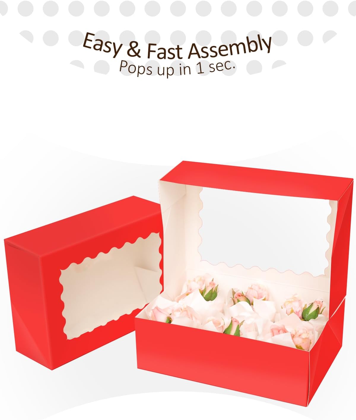 qiqee Auto-pop up Red 6 Cupcake Boxes with Window 30 Packs Cupcake Box 9"x6.1"x3.3" Bakery Boxes For Cupcakes Carrier, Cupcake Containers