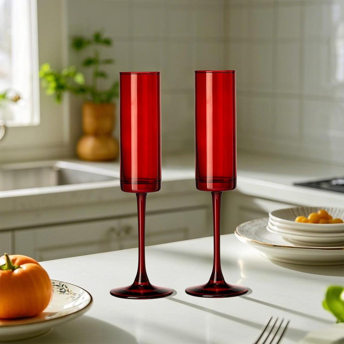 6 Pieces Red Champagne Flutes 6 OZ Straight Sided Wine Glasses Champagne Long Stem Drinking Colored Glasses,Set of 6 Hand Blown Champagne Flutes Goblets for Wedding Cocktail Cups,Cava, Prosecco