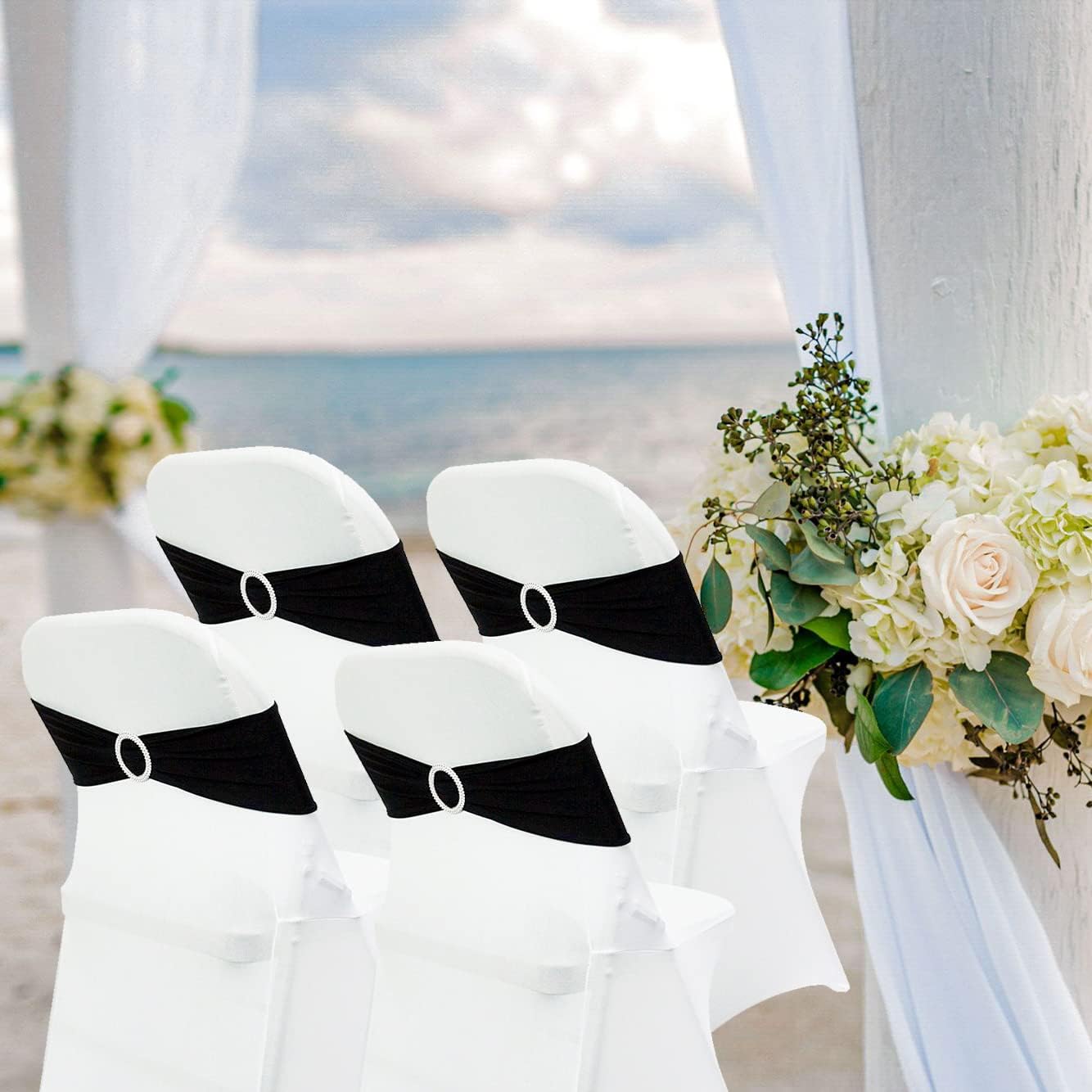 Spandex Chair Sashes Bands 30PCS Stretch Chair Ties Bows with Buckle Slider for Wedding Party Banquet Decoration (Black)…