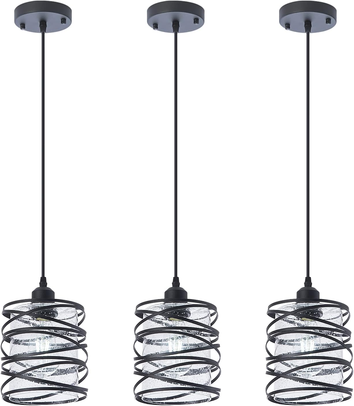 Modern Mini Pendant Light Fixture 3-Pack Kitchen Island Pendant Lighting 6.3''Matte Black Spiral Cage Handblown Clear Seeded Glass Shade Adjustable Cord for Dining Room