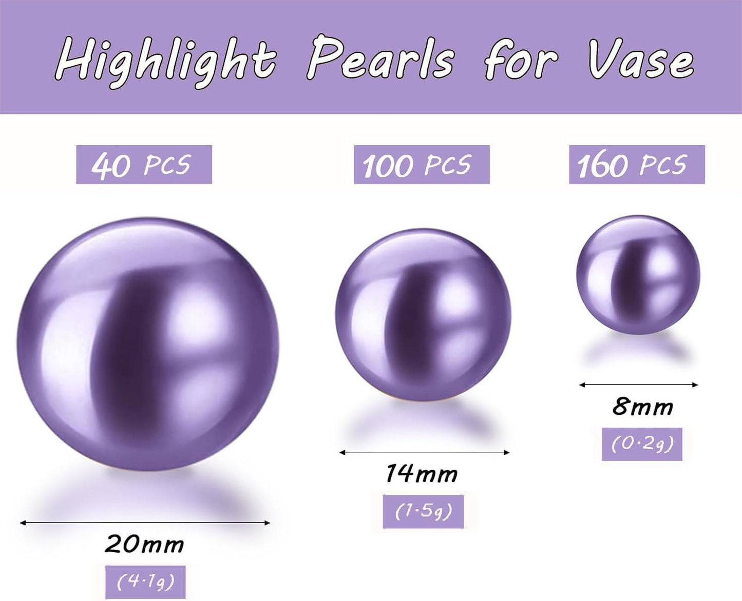 300Pcs Light Purple Polished No Hole Faux Pearl Beads for Vase Filling Decorations, Plastic Pearls Vase Fillers, Table Scatters, Wedding Centerpiece, Home Decor, 8/14/20 mm