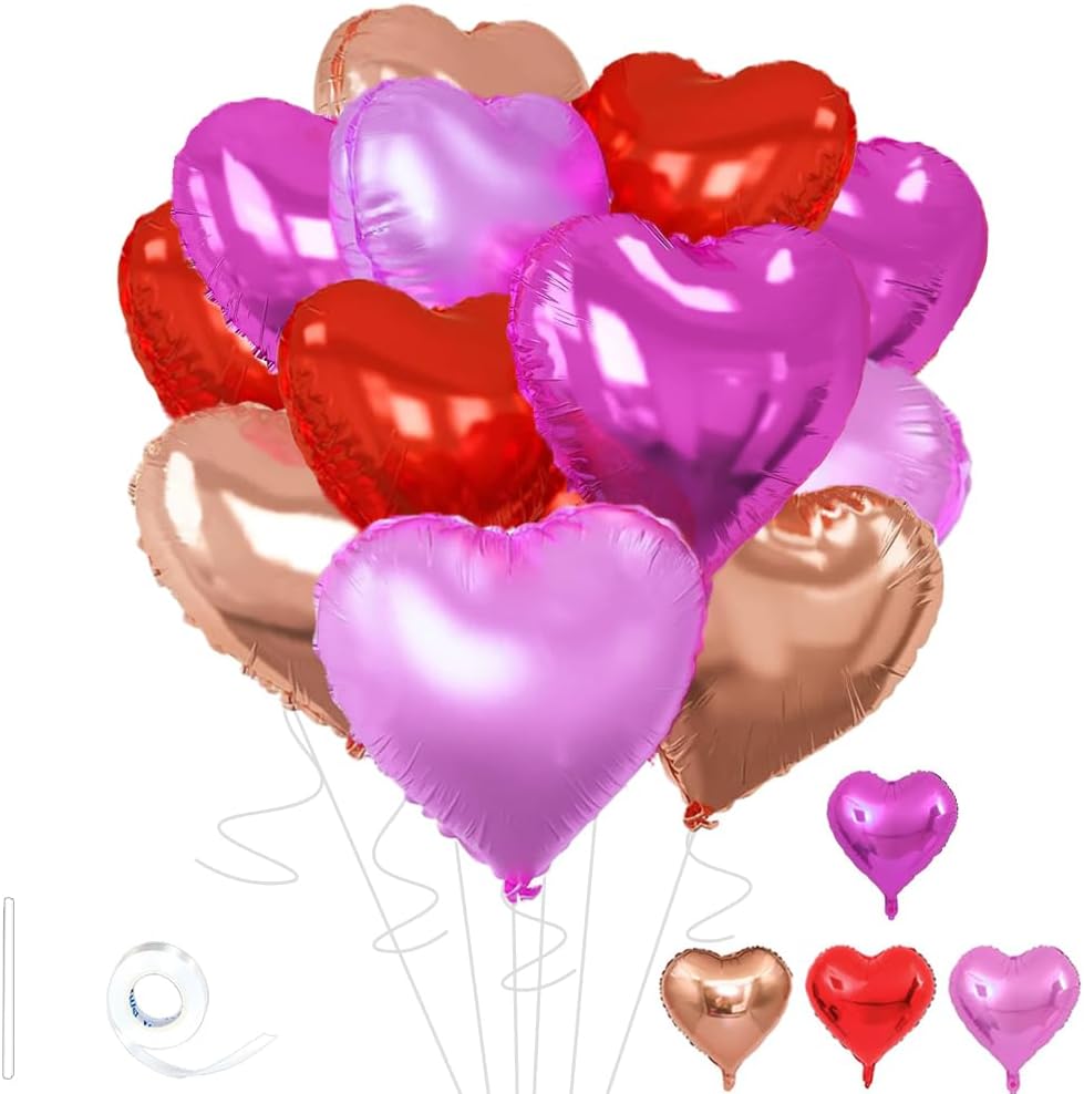 Rose Gold & Red Heart Balloons，18 Inch Purple Foil Love Heart Shaped Balloons for Bridal Wedding Engagement Party Anniversary Birthday Baby Shower Valentines Decorations 12Pcs
