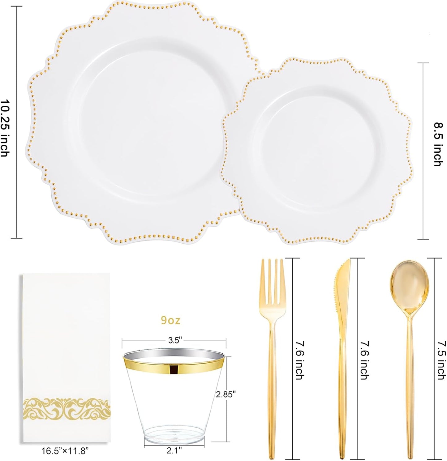 COLOSUS 175pcs Plastic Party Plates Disposable Plastic Dinnerware set. 25guests White Gold Dinner & Dessert Plates with Silverware Cups and Napkins for Party Dinner and Wedding
