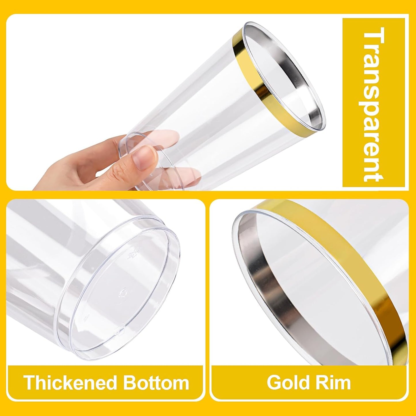 BESTVIP 12oz Gold Plastic Cups, 100 Pack Gold Rimmed Disposable Cups, Heavy-duty Party Cocktail Glasses, Plastic Cups for Party, Holiday, Christmas, Thanksgiving, Wedding and Birthday