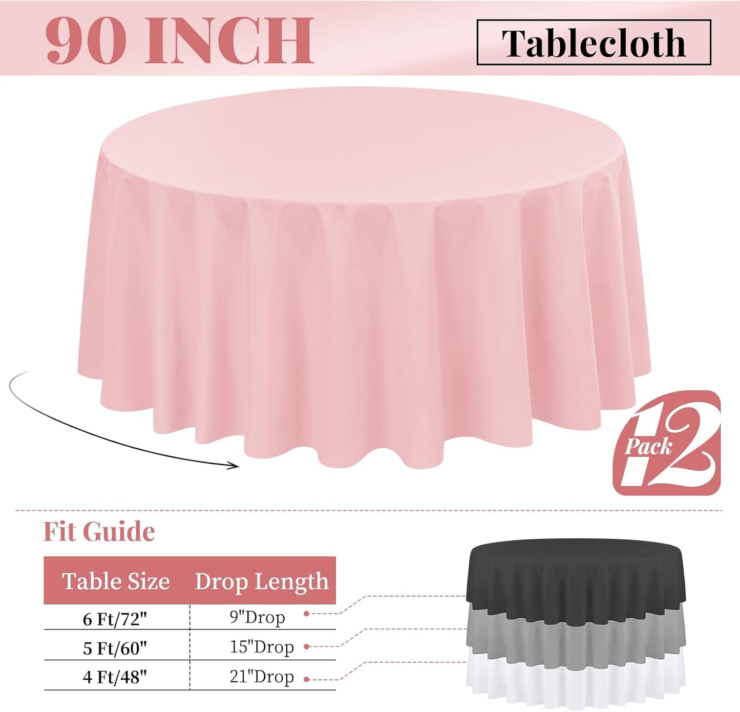 fani 12 Pack 90 Inch Round Tablecloth Pink Polyester Fabric Table Cloth for Round Table,Washable Table Cover for Wedding Party Dining Table Buffet Banquet Restaurant and Camping